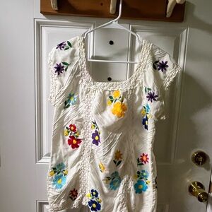 Free People Floral Embroidered Blouse - Cream with Multicolor Flowers